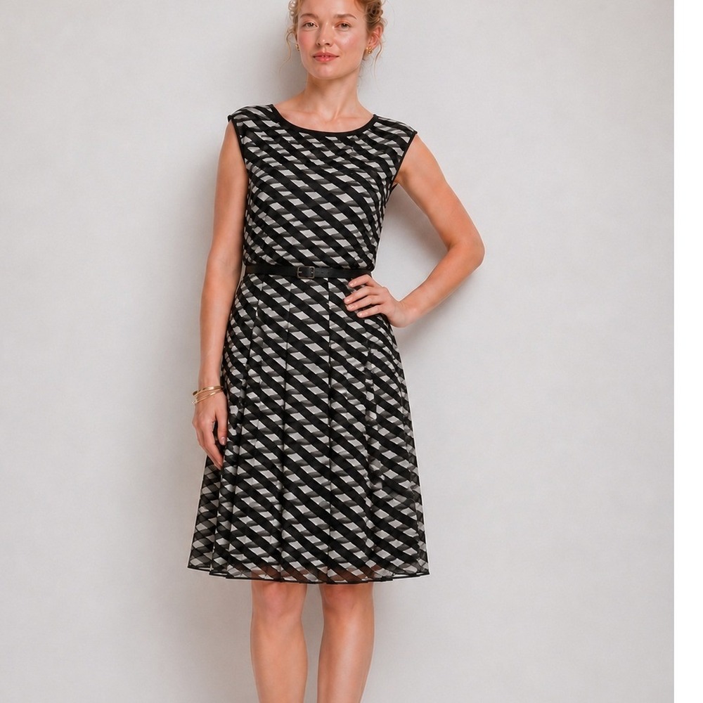 Adrianna Papell Black Silver Chevron Mesh Fit & Flare Cocktail Dress Size 12